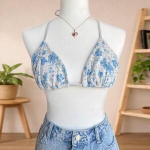 Hollister Floral Textured Bikini Set Blue White Coquette Summer Swim Y2K